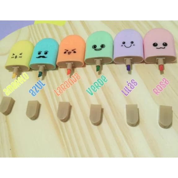 Mini Marca Texto Picolé com Carinha | Mini Marcadores Fofos | Marca Texto Cores Variadas - Kit 6 Cores