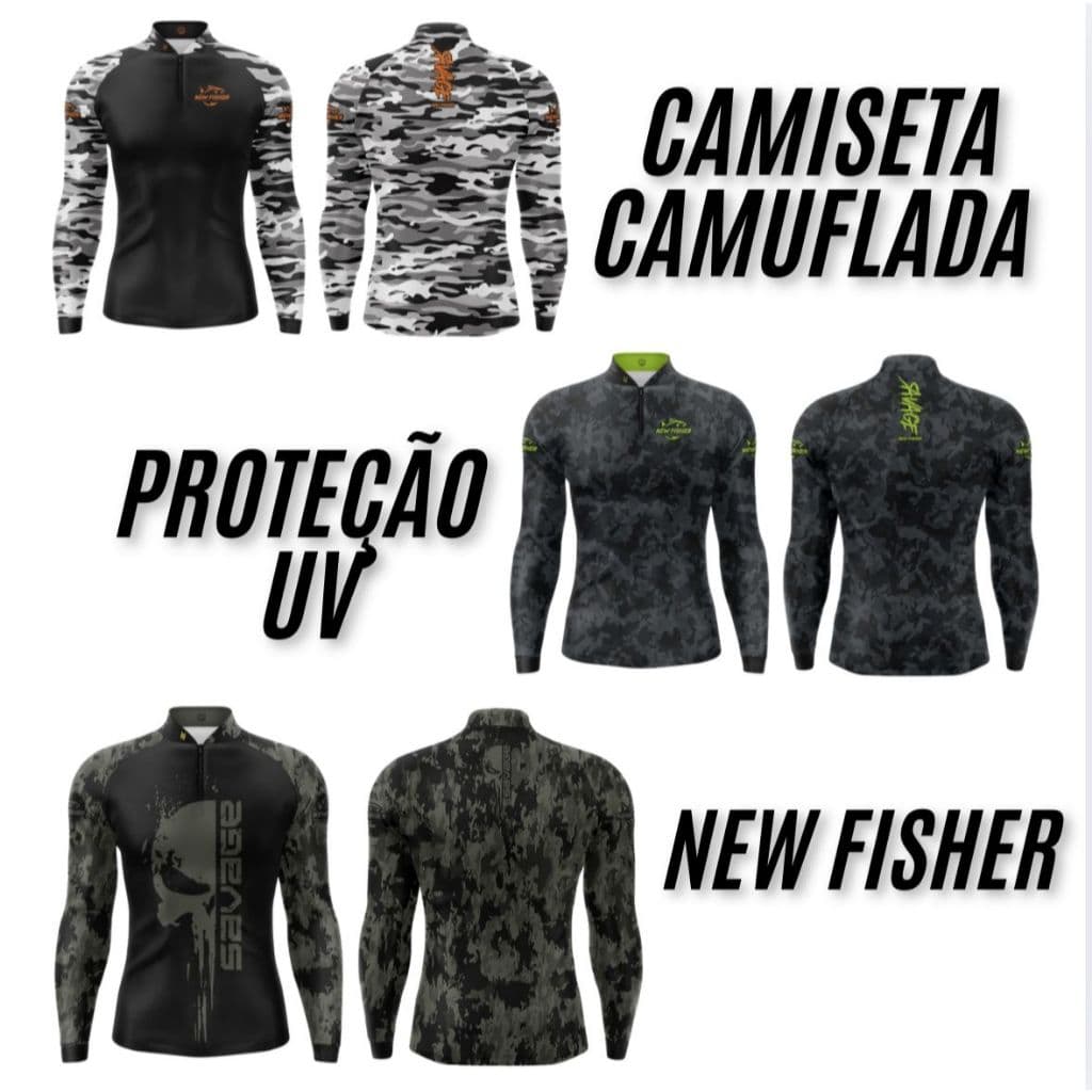 Camisa Camiseta de Pesca Gola Zíper Proteção Solar UV New Fisher - SAVAGE