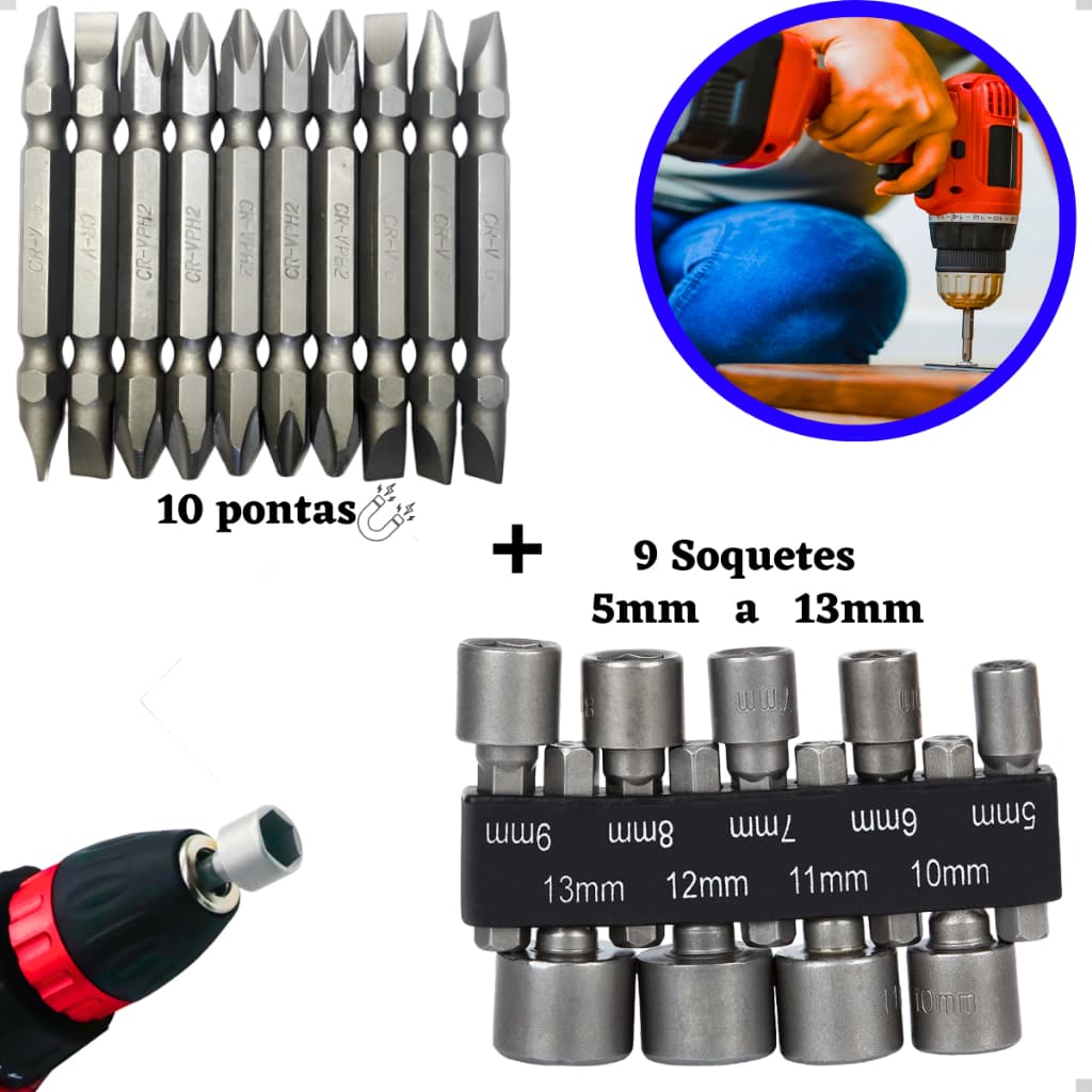 Kit Com 9 Soquetes 5 A 13mm + Kit 10 Ponteiras Parafusadeira Bits Ponteira Fenda Philips Canhão Jogo