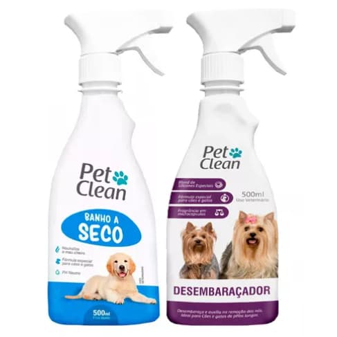 Kit Banho a Seco + Desembaraçador de Pelos para Cachorro e Gato Pet Clean - 500 ml (cada)