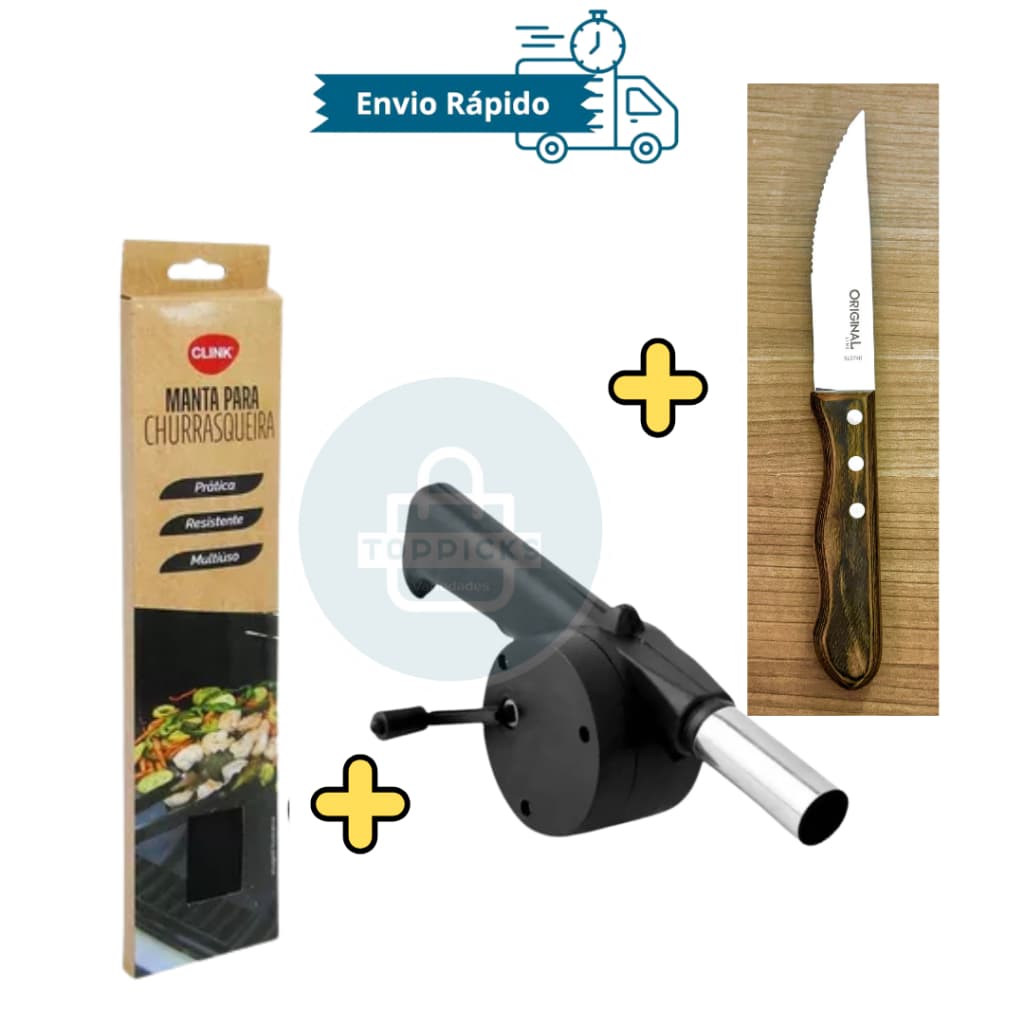 Kit Churrasco Completo: Soprador, Manta Antiaderente e Faca Linha Jumbo - Perfeito para Seu Churrasco!