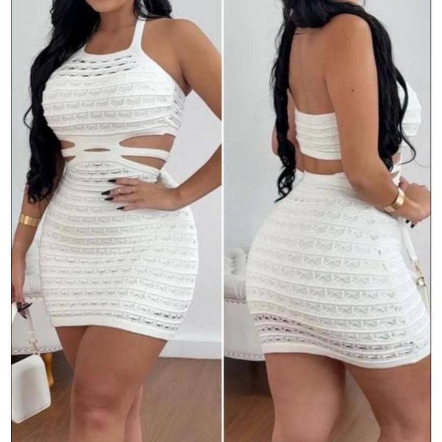 Vestido Tricot Rendado Curto com Tiras com Forro Modal Lançamento Verão Carnaval