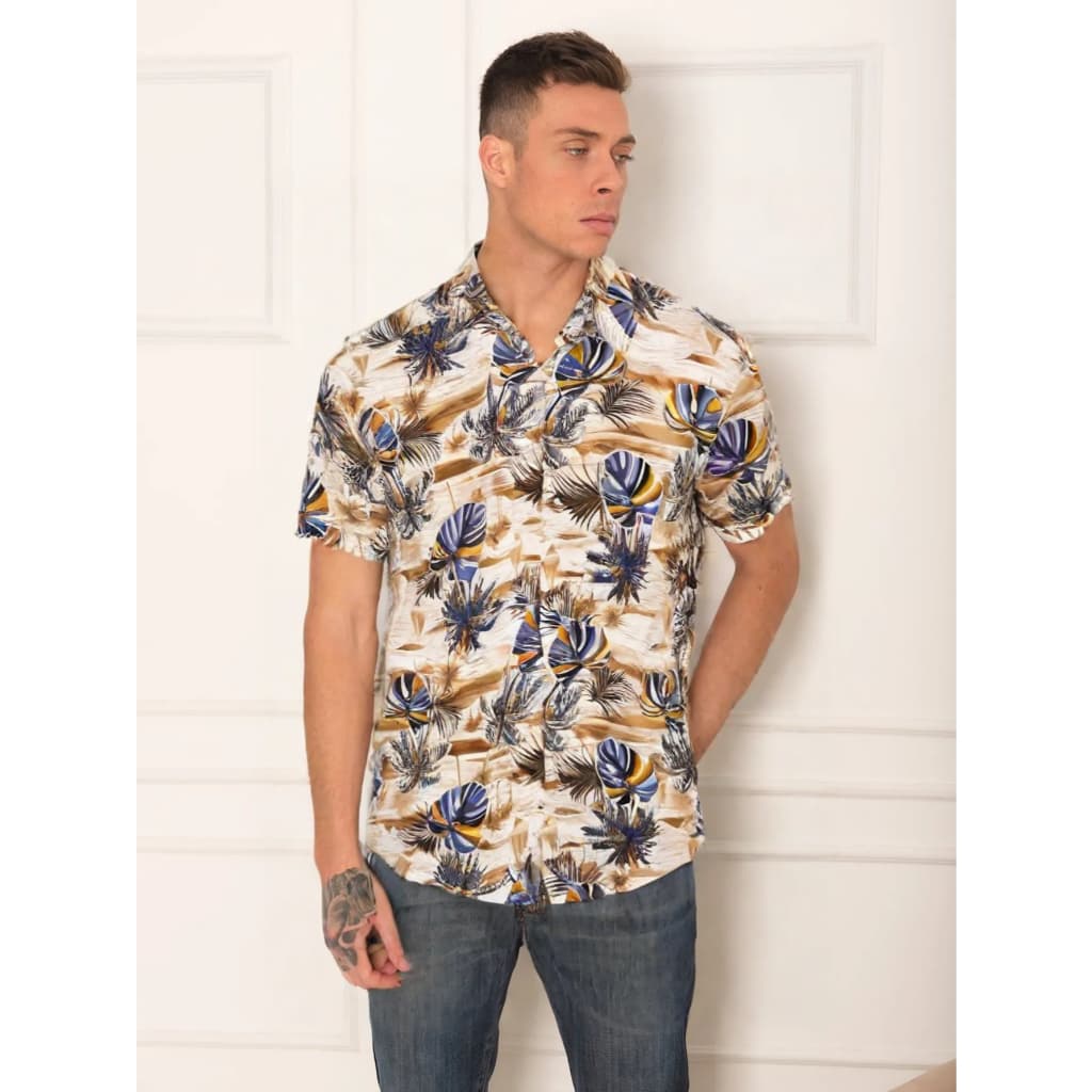 Camisa Floral Havaiana Praia Verão Masculino Manga Curta De Botão Tecido Viscose