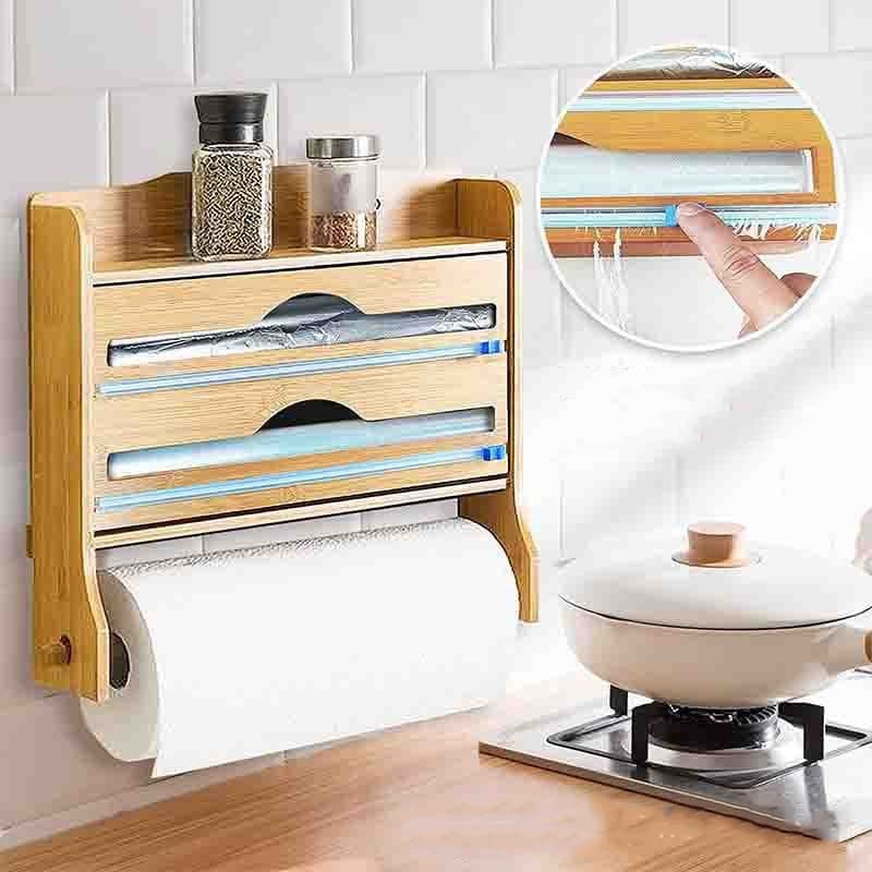 Dispenser 4 em 1 Porta Rolos Duplo Bambu Papel Plástico Filme Alumínio Cozinha Com Cortador