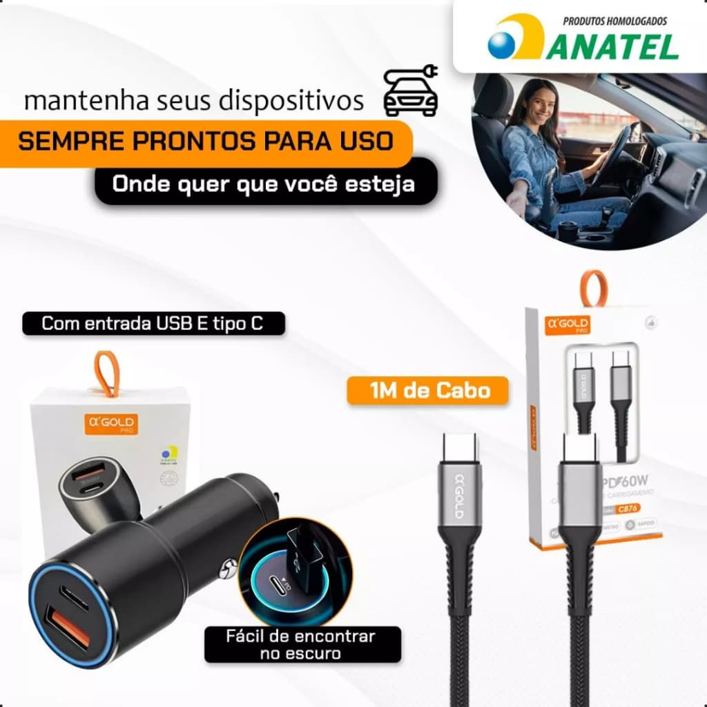 Carregador Veicular 60w Turbo Porta Dupla + Cabo Tipo C Tipo C Super Rapido
