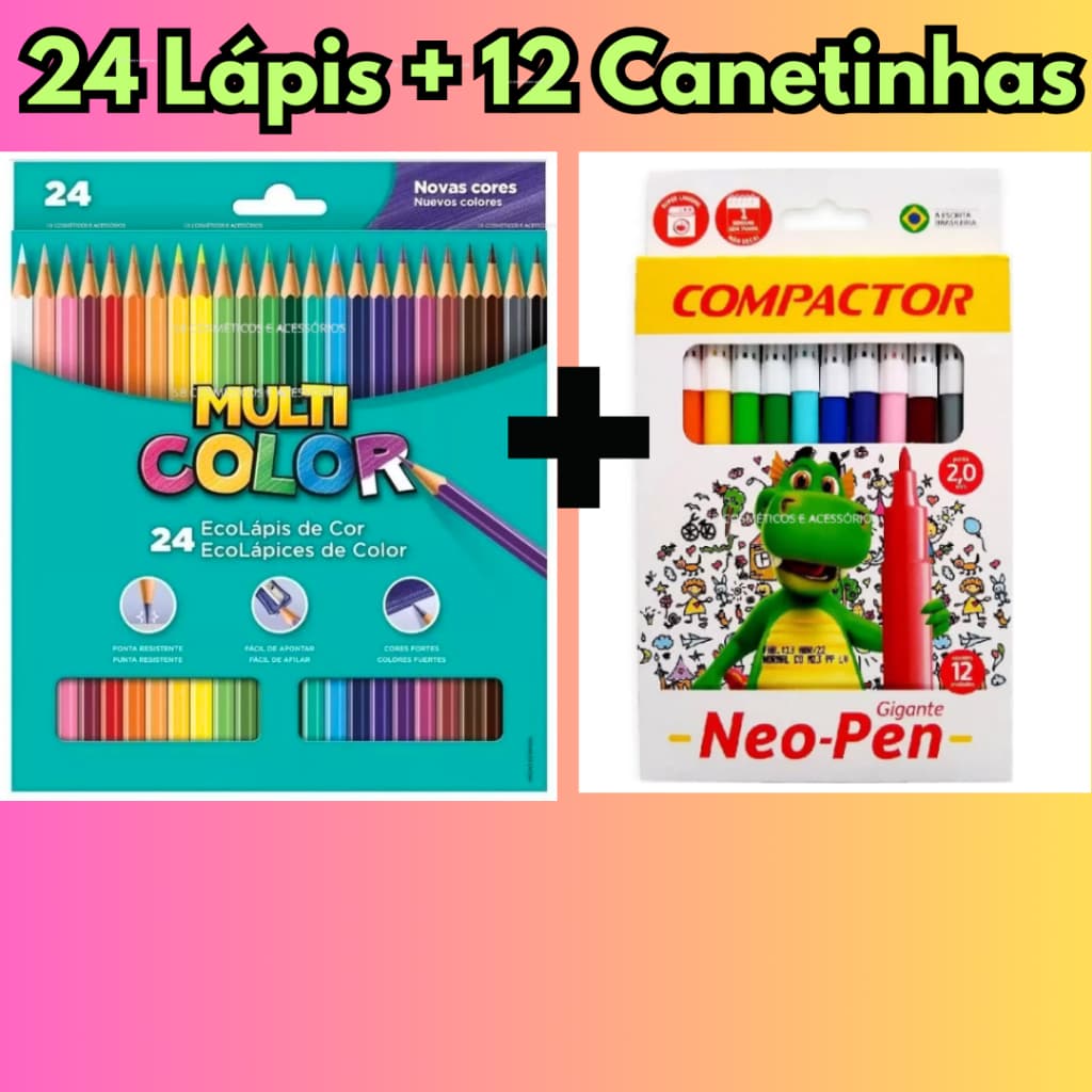 Lápis 24 Cores Multicolor mais 12 Canetinhas Compactor Neo Pen