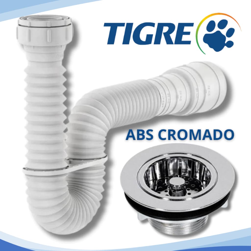 Sifão Sanfonado Tigre + Válvula Pia Cozinha Americana 3.1/2 Abs PVC Cromado Cifão pia de cozinha Sifrão Cifrão