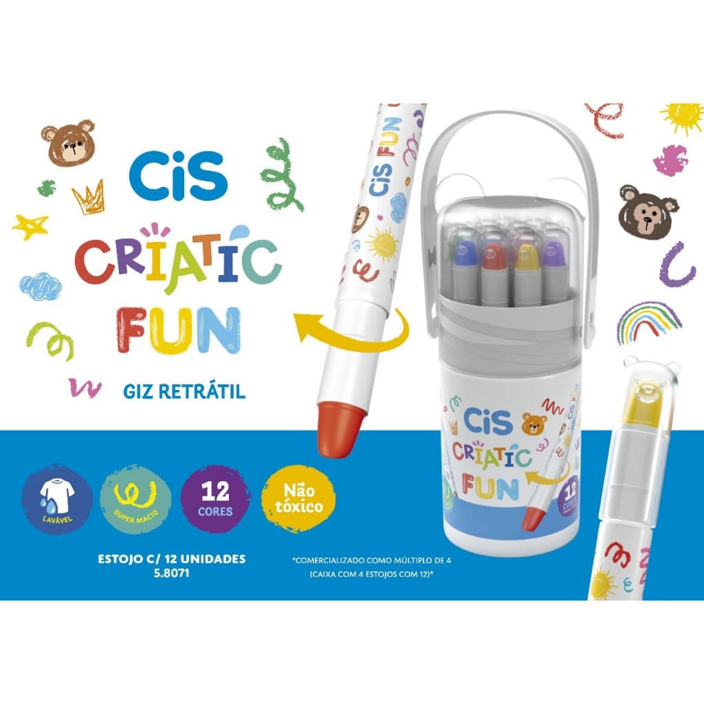 GIZ DE CERA RETRÁTIL CRIATIC FUN COM 12 CORES