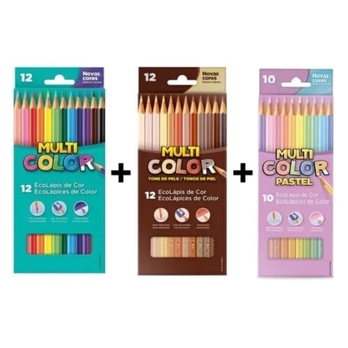 KIT LÁPIS DE COR MULTICOLOR   -  12 TONS PELE + 12 TRADICIONAIS + 10 PASTEL