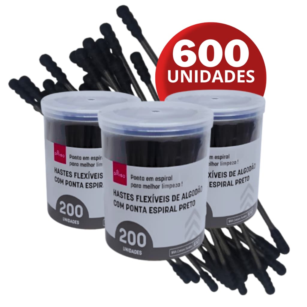 Cotonete Preto até 3 Potes 600 Hastes Flexíveis Algodão Nobre Espiral Higienização Maquiagem Cotton