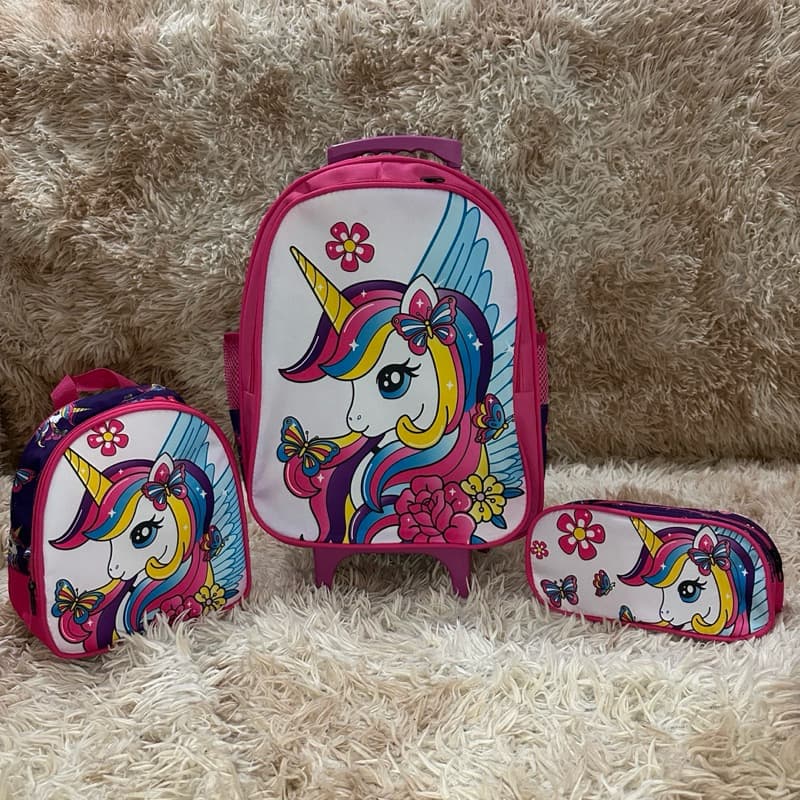 Kit De Mochila Infantil da unicórnio com Rodinhas  + Lancheira térmica + Estojo 1 Zíper.