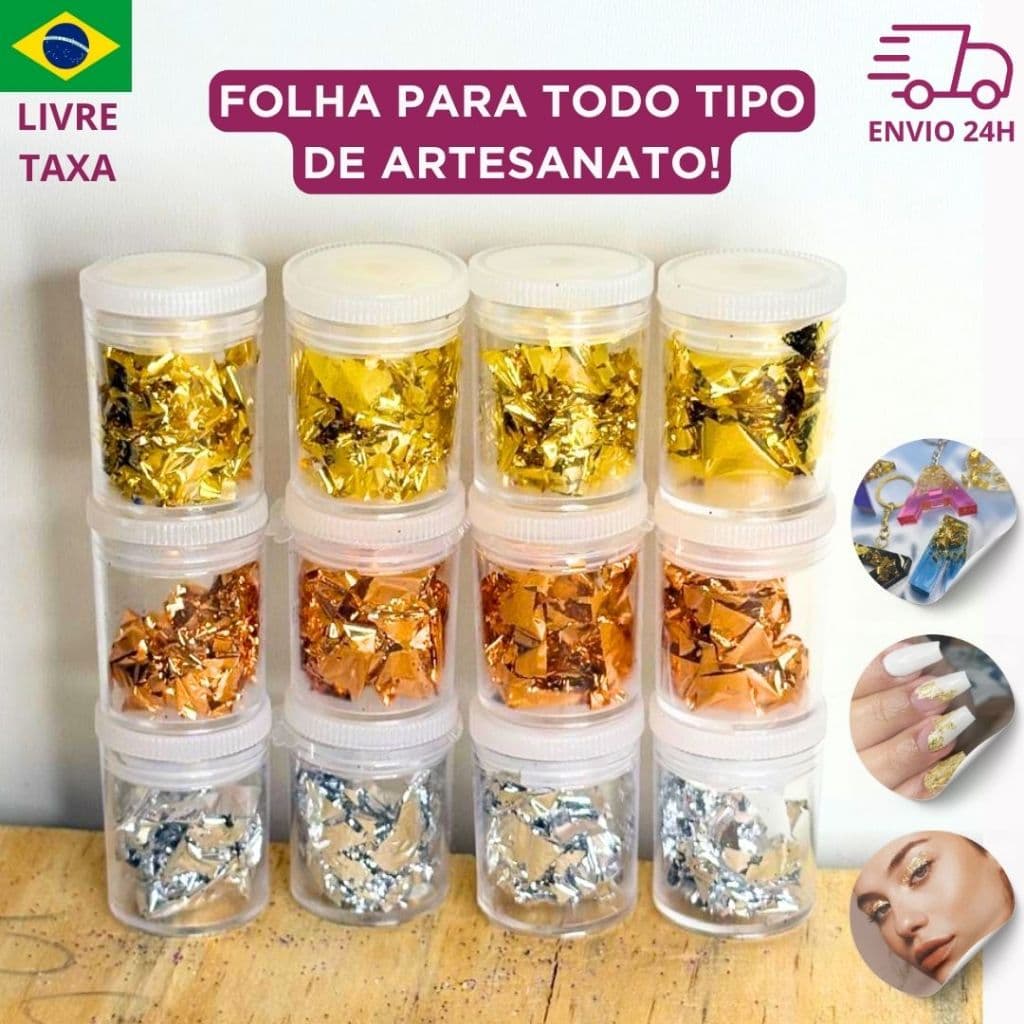 Kit 12 potes folha de ouro metálica dourada artesanato importada alta qualidade resina epóxi nail