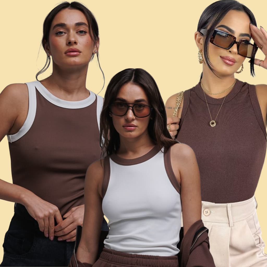 Regata Básica Feminina Marrom Escuro Marrom claro Mocha Moda gringa Algodão Canelada