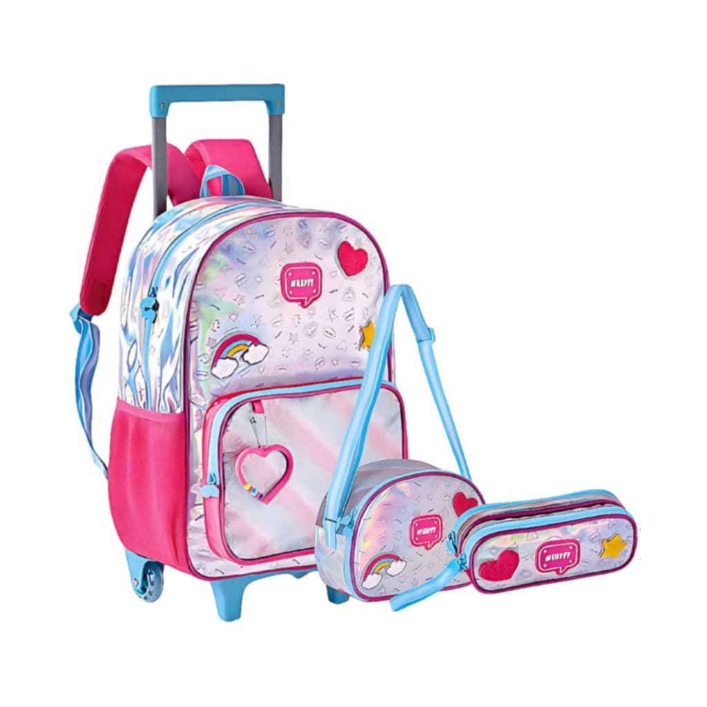 Kit 3 Mochila De Rodinha Escolar Juvenil Meninas Holográfica Estampa Divertida Acompanha Lancheira Térmica e Estojo