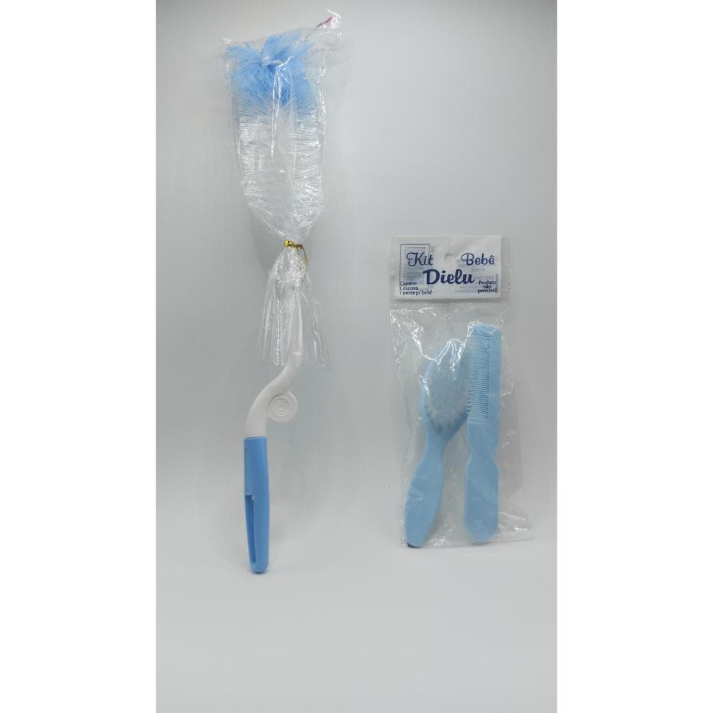 Kit Escova/Pente para bebê + Escova para Mamadeira Garrafa Copo 33cm Azul