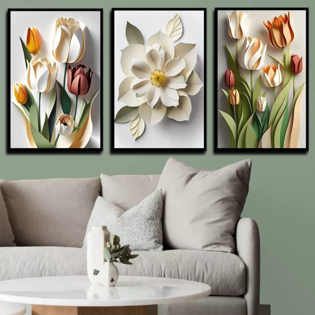Quadro Decorativo 3 Peças Nórdico Flores Delicado Coloridas Moderno Minimalista Decoração Casa Sala