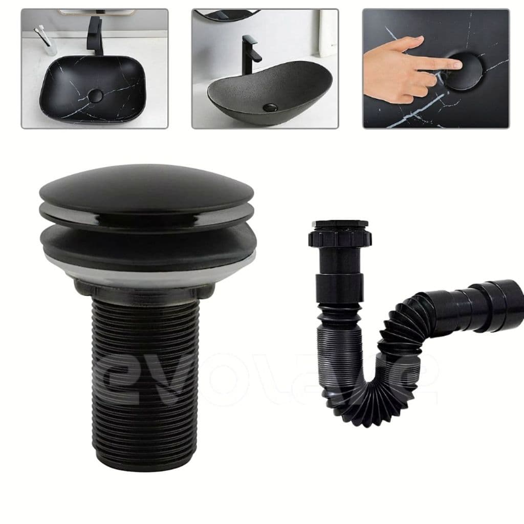 Kit Válvula Click em ABS Ralo para Pia e Cuba Banheiro + Sifão - Preto