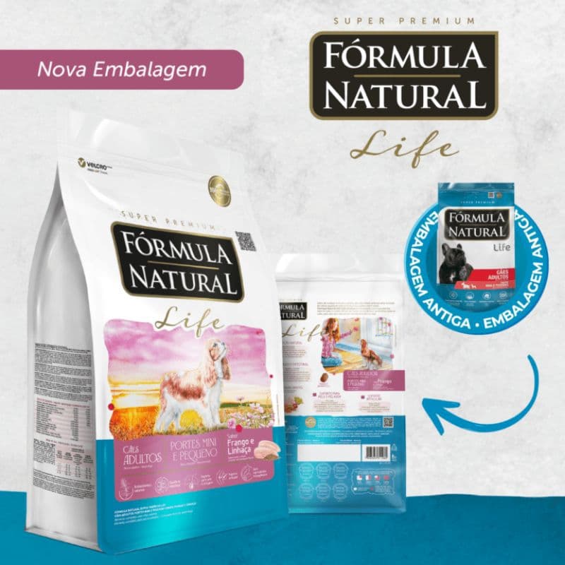 2,5kg a granel, Fórmula Natural Life, cães adultos, raças pequenas, sabor frango e linhaça.