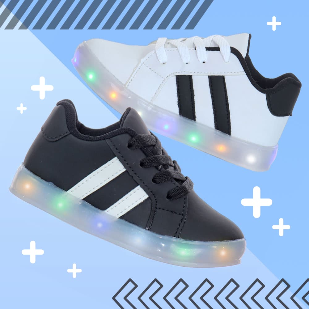 Tenis Led Luz Pisca Listrado Infantil Masculino Preto ou Branco