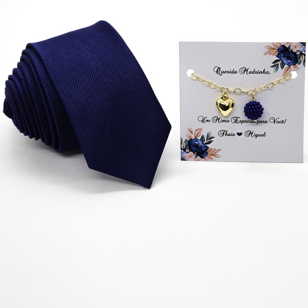 Gravata Azul Marinho 1200 fios Jacquard e Pulseira Azul Marinho Padrinhos e madrinhas Casamento