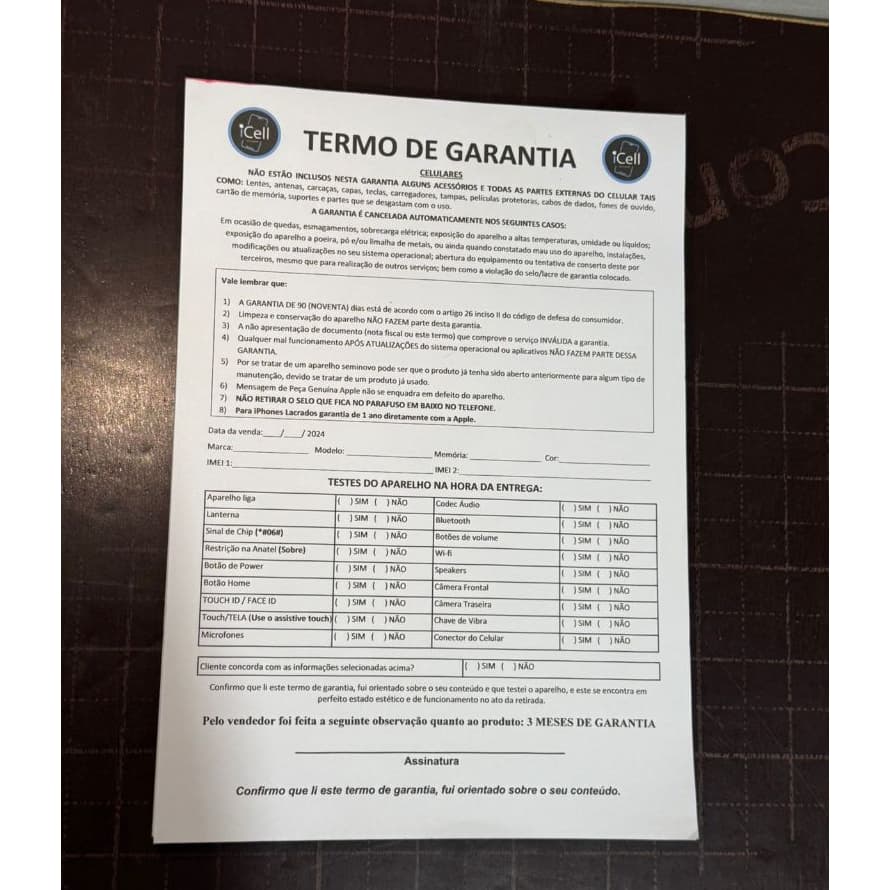 Termo de Garantia Personalizado Para Lojas de Celular - 1 Bloco com 100 Folhas