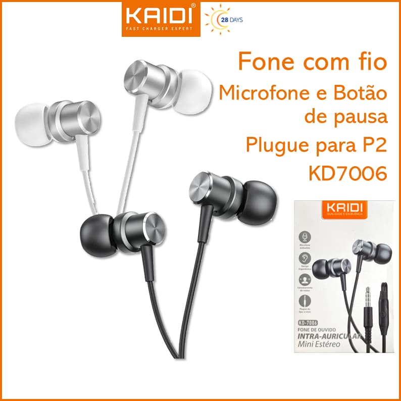 Fone de ouvido com fio intra auricular para P2 3.5mm Microfone e Botão de pausa KAIDI KD-7006