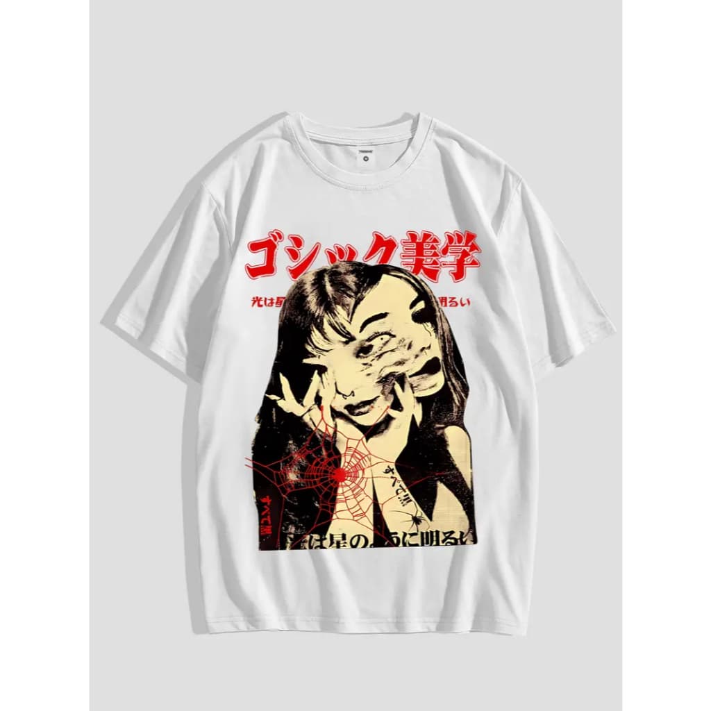 Camiseta Casual de Manga Curta com Estampa de Retrato Japonês Y2K, Poliéster, Gola Redonda