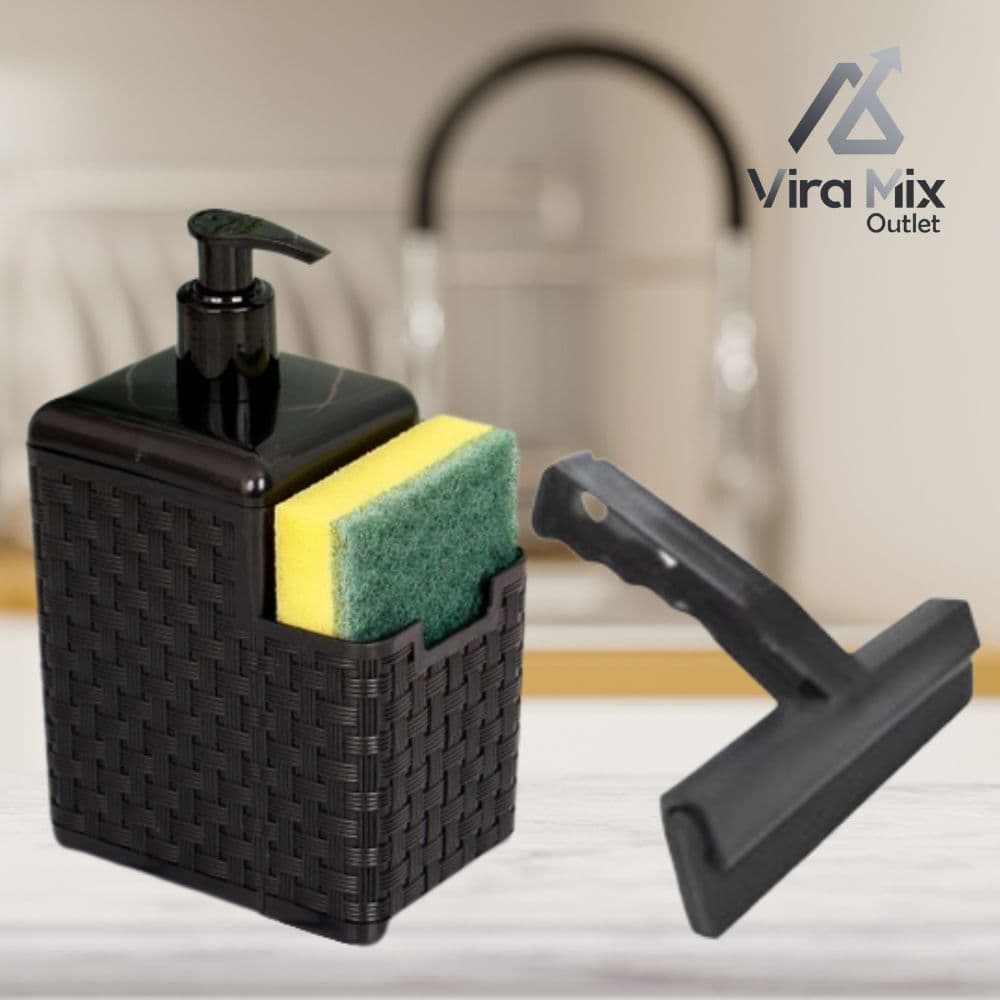 Porta Detergente Sabão Dispenser 2 em 1 Com Suporte Para Bucha Esponja e Rodo
