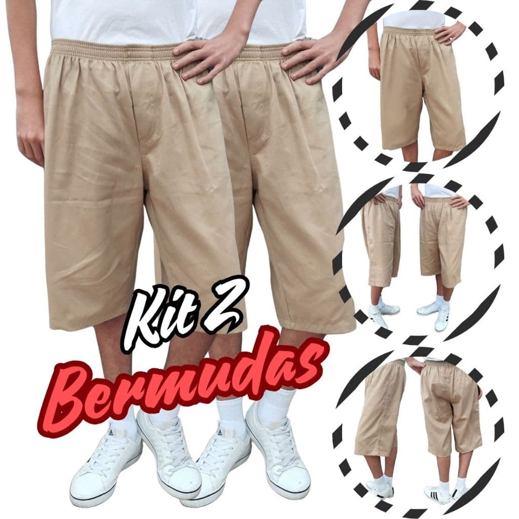 Kit 2 Bermudas CDP Algodao Bege Caqui Shorts Cadeia Presidio Jumbo Folgada Sem Bolso M ao G2