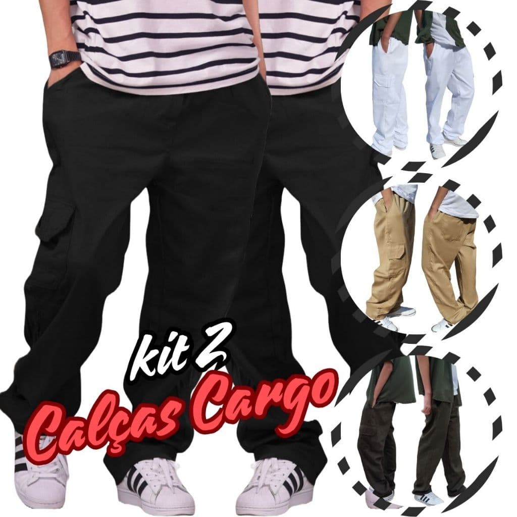 Kit 2 Calças Cargo Sarja Skate Jovem do M ao Plus Size G1 e G2 Elastico Folgada Bolso Lateral