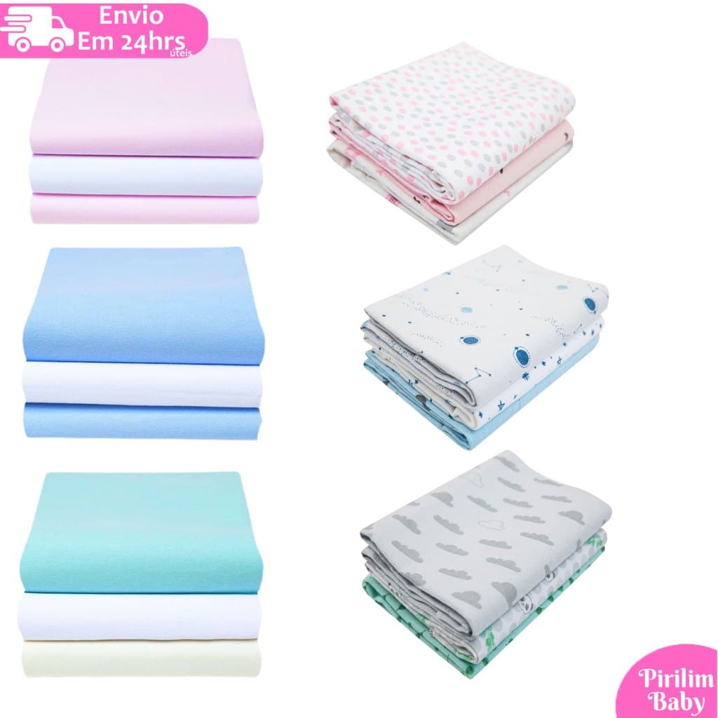 Kit 6 Cueiro Bebê Flanelado Estampado e Liso 50cm x 80cm
