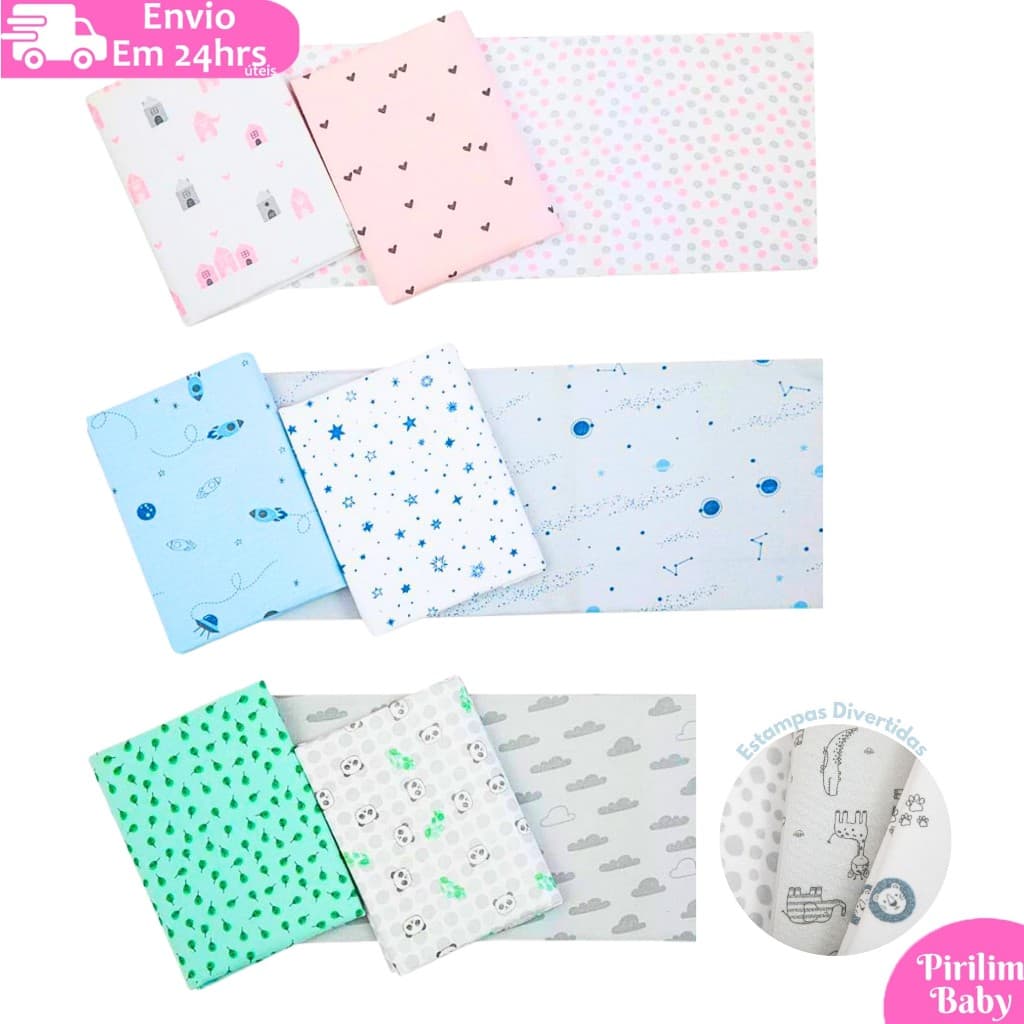 Kit 6 Cueiro Bebê Flanelado Estampado 50cm x 80cm