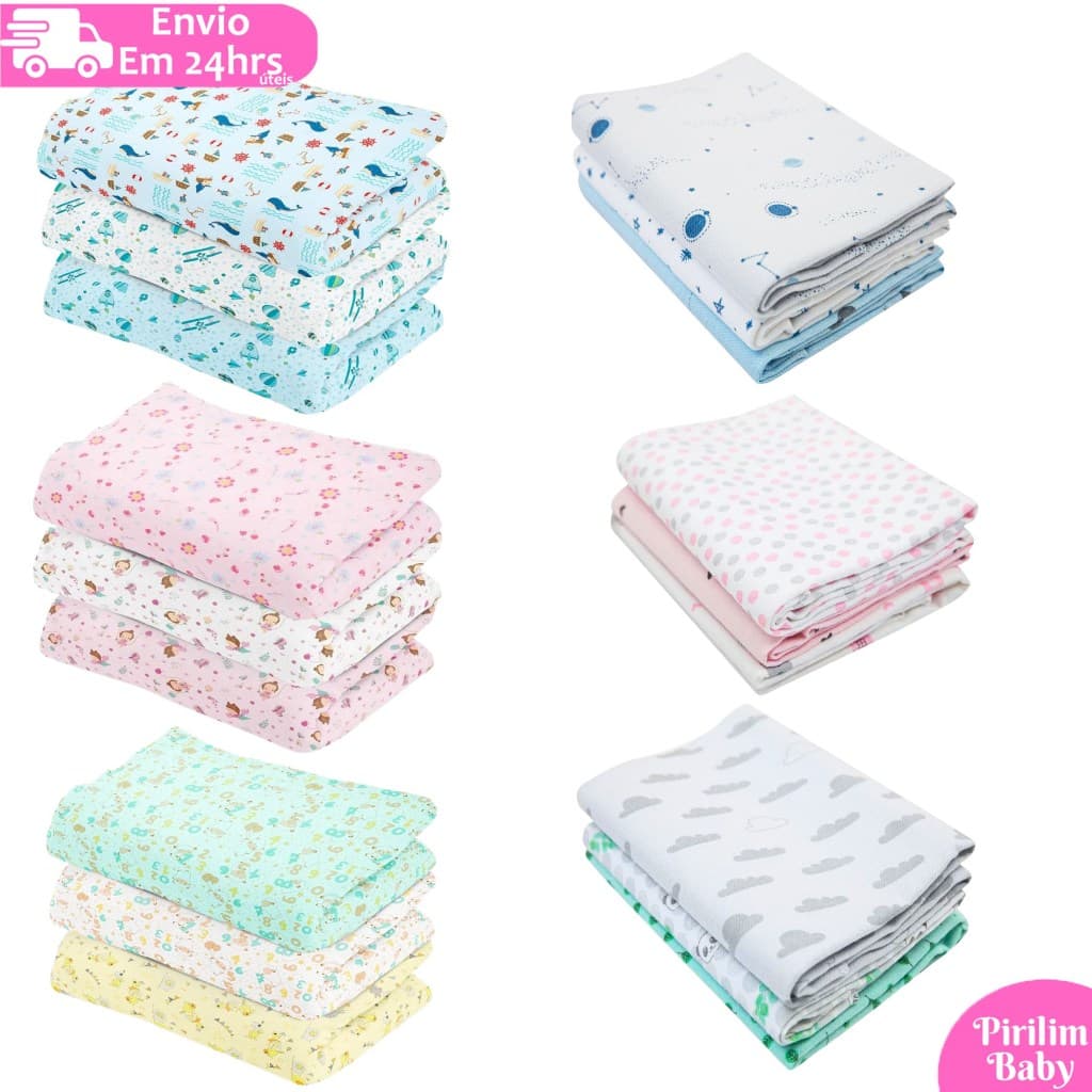 Kit 6 Cueiro Bebê Flanelado Estampado 50cm x 80cm