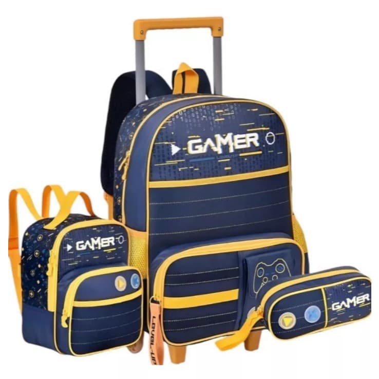 Kit Mochila Rodinha Escolar Gamer Lancheira Estojo Azul
