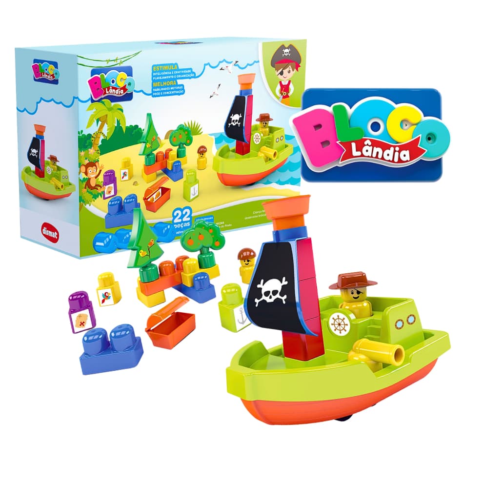 Brinquedo Ilha Do Pirata Blocos De Montar 22 Peças Blocolândia Dismat Mk366