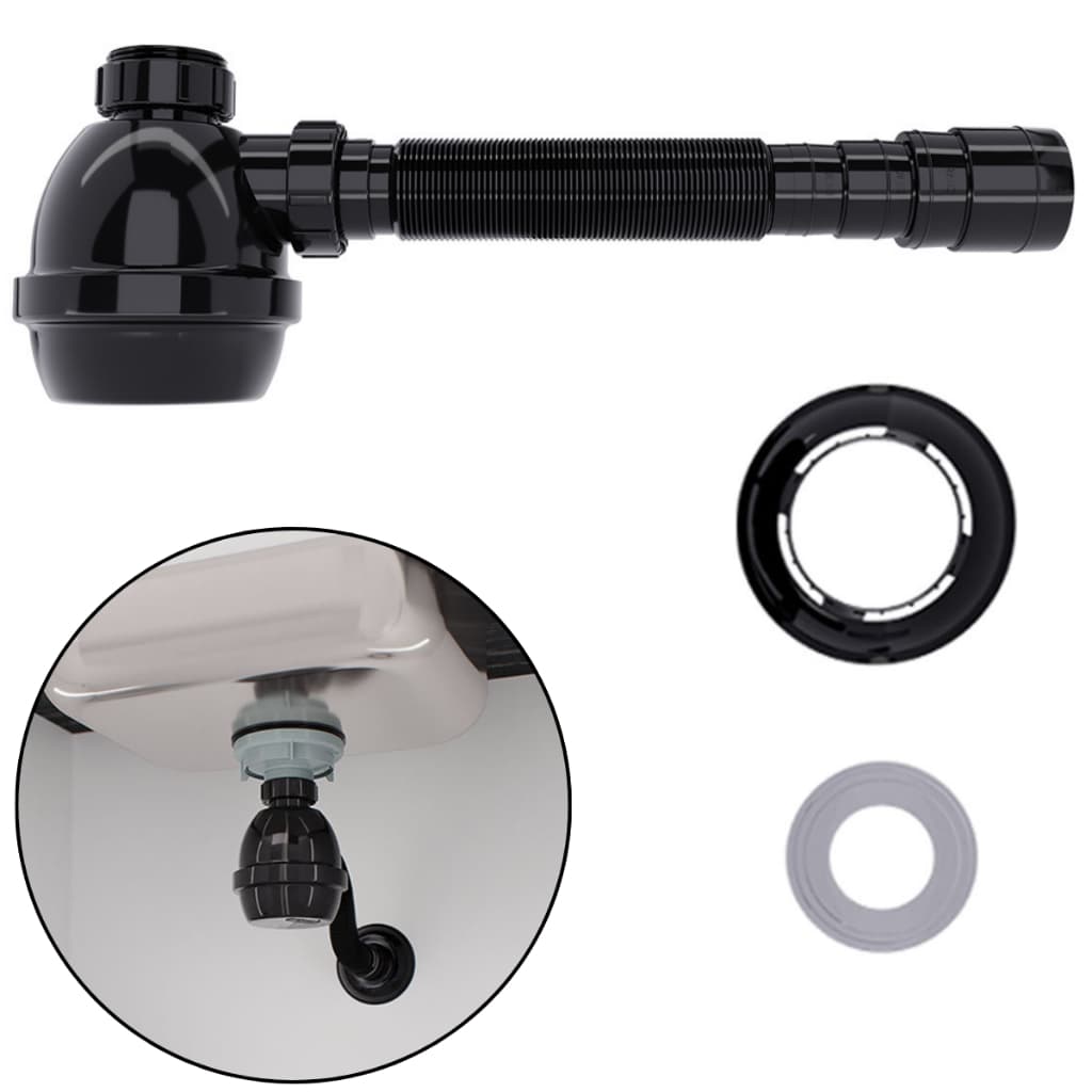 Sifão Preto Sanfonado Flexível com Copo Tubo Extensivo Universal Com Canopla Blukit