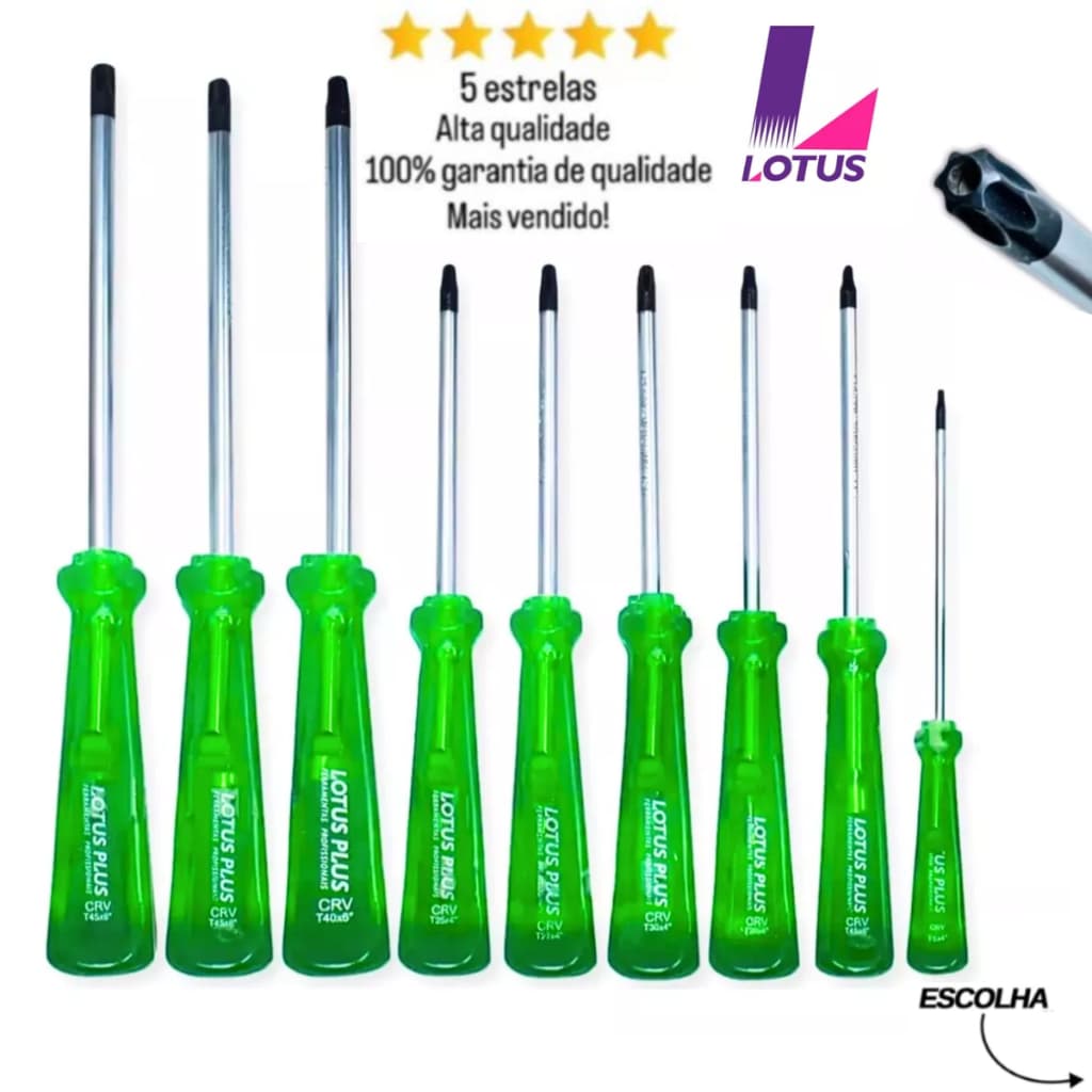 Chave Torx C/ Cabo T8 Ao T45 C/Furo Aço Cromo Vanádio Lotus Cor Verde - Escolha sua Medida