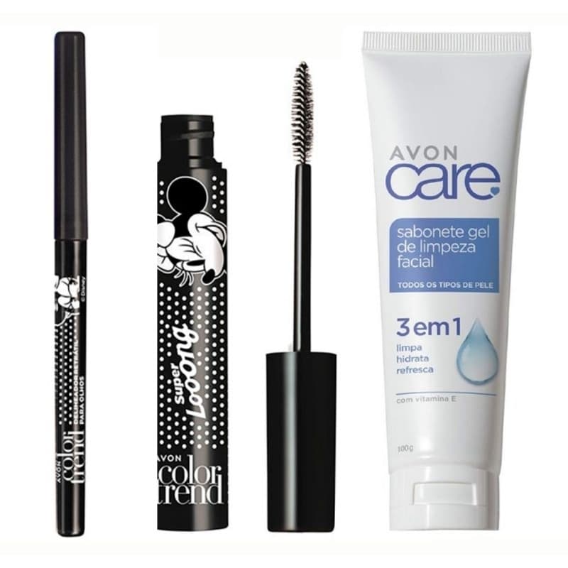 Máscara de cílios Super Long color Trend, Delineador Retrátil preto e Sabonete líquido facial 100g