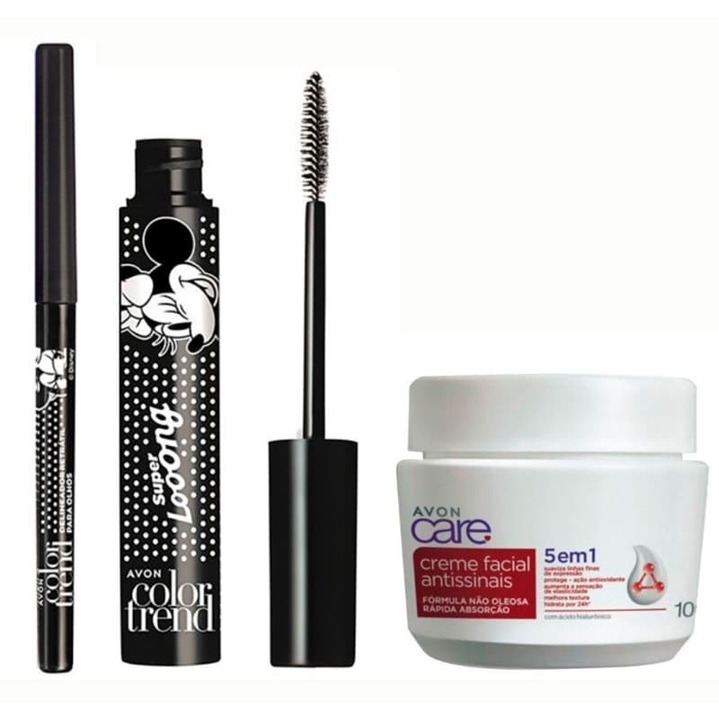 Máscara de cílios Super Long color Trend, Delineador Retrátil preto e Hidratante facial Antissinais