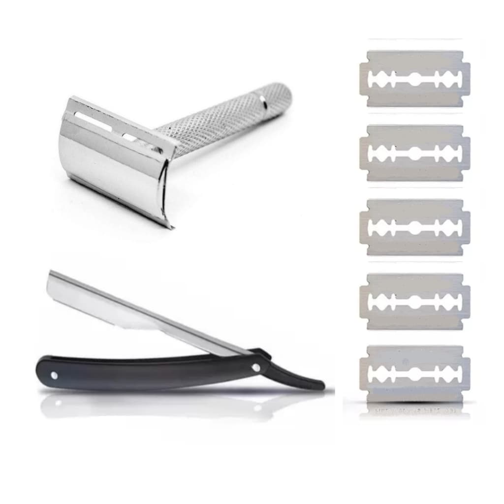 Kit Navalha Profissional +Aparelho clássico barbeiro + 5 Lâminas aço inox platinum