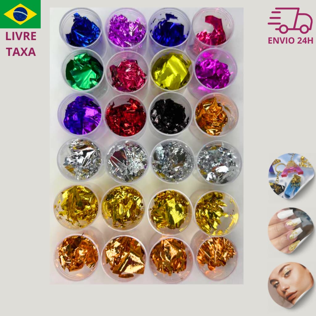 Kit 24 folhas de ouro metálica para artesanato encapsulamento arte unha acrygel manicure resina epóxi folha decoração