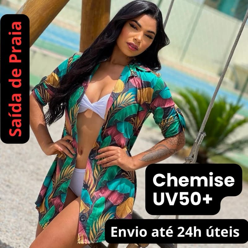 saida de praia feminino chemise camisão com proteção UV 50+ em Poliamida