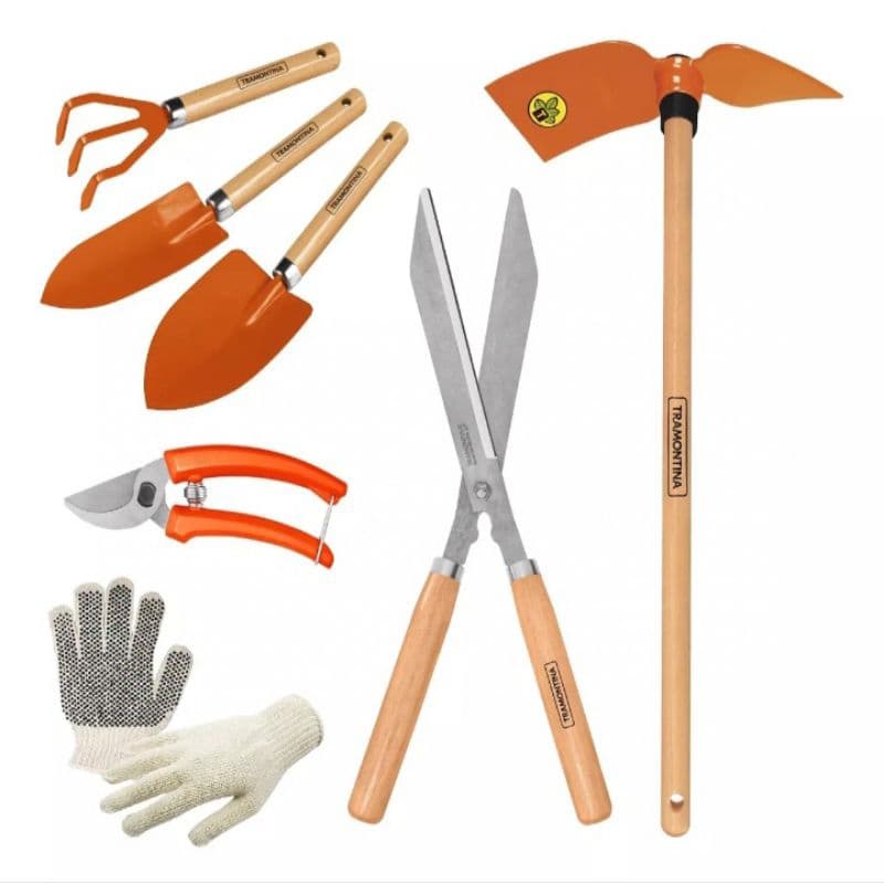 KIT  PODA JARDINAGEM 7 PEÇAS- TESOURA DE PODA , TESOURA DE JARDINAGEM, SACHO, 2 PÁ E ANCINHO PARA ACABAMENTO