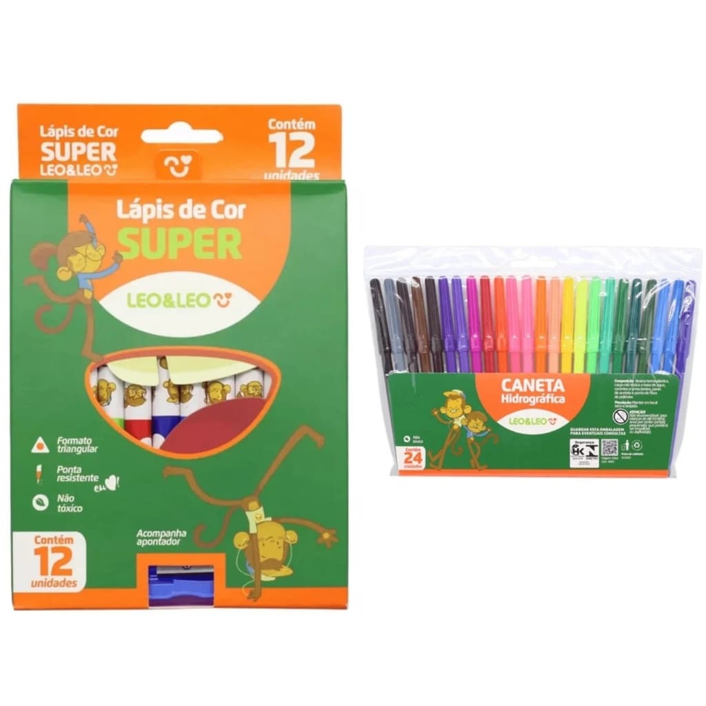Kit Lápis de Cor Super Jumbo Leo & Leo 12 Cores Apontador + Canetinha