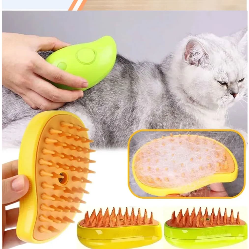 Escova a Vapor para Gatos e Cães – 3 em 1 com Spray, Massagem Relaxante e Cuidados com o Pelo