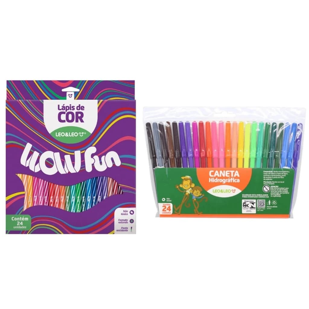 Kit Lápis De Cor Leo & Leo Wow Fun 24 Cores Redondo + Canetinha
