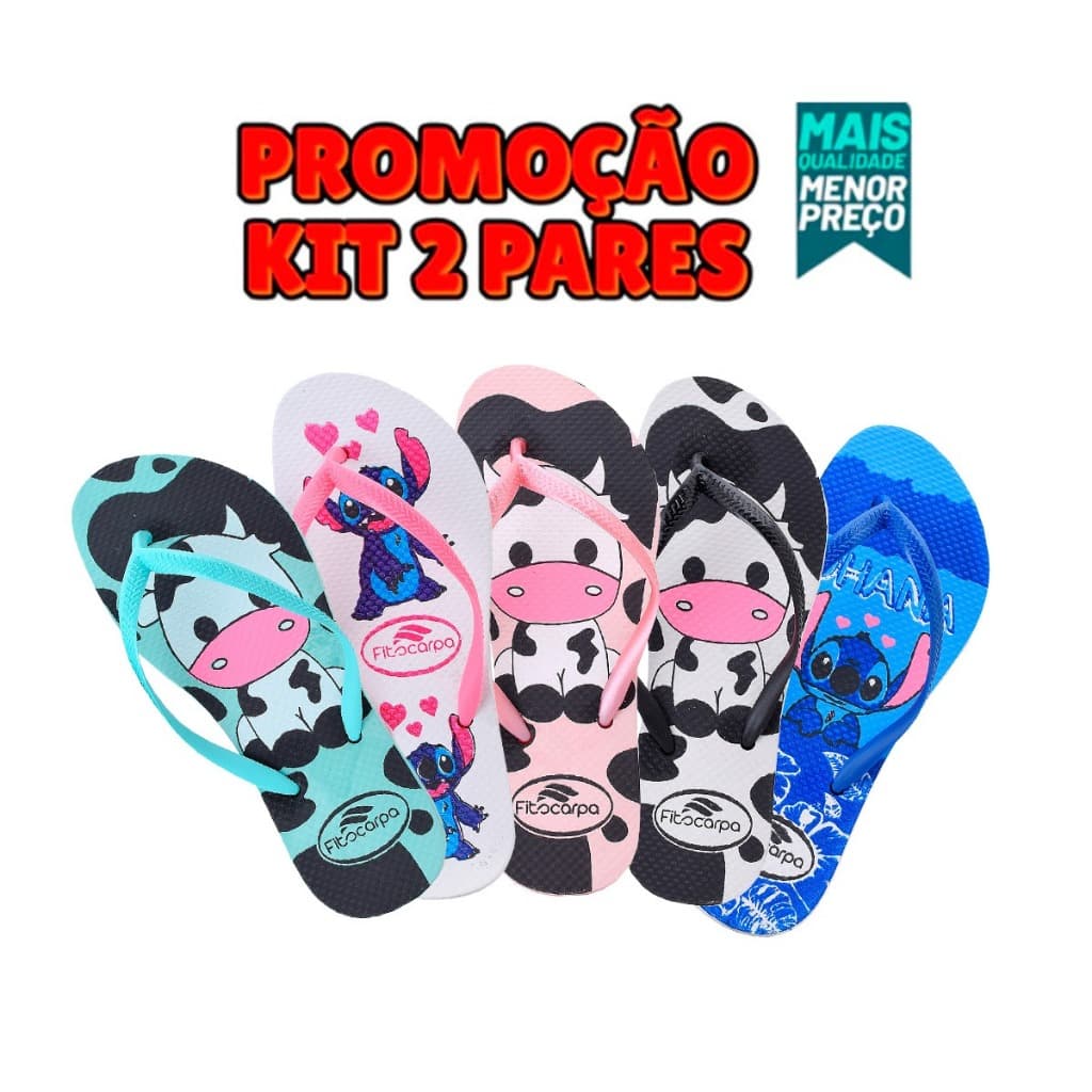 Kit 2 Pares Chinelo de Dedo Casual Vaquinha Varias Cores e estampas Lindo Leve Macio Barato