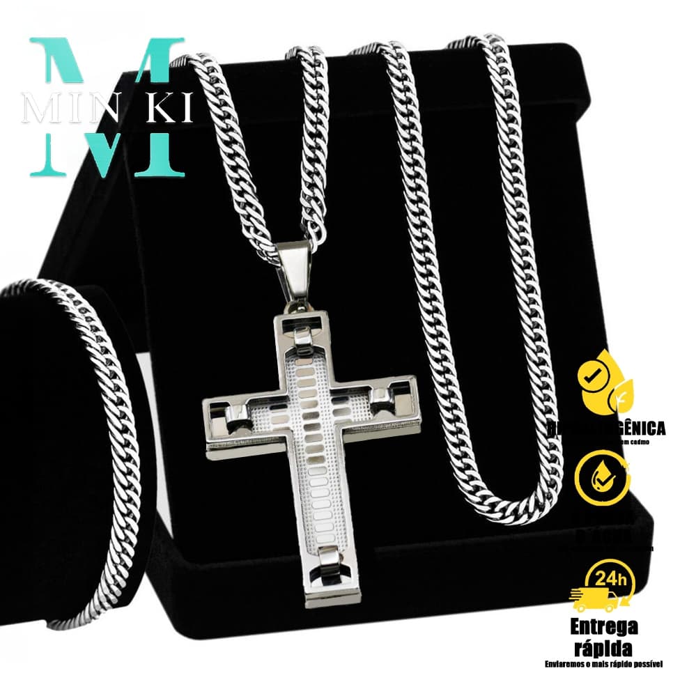 Moda Conjunto Masculino em Aço Inox - Corrente e Pulseira com Pingente de Cruz Grande de Jesus