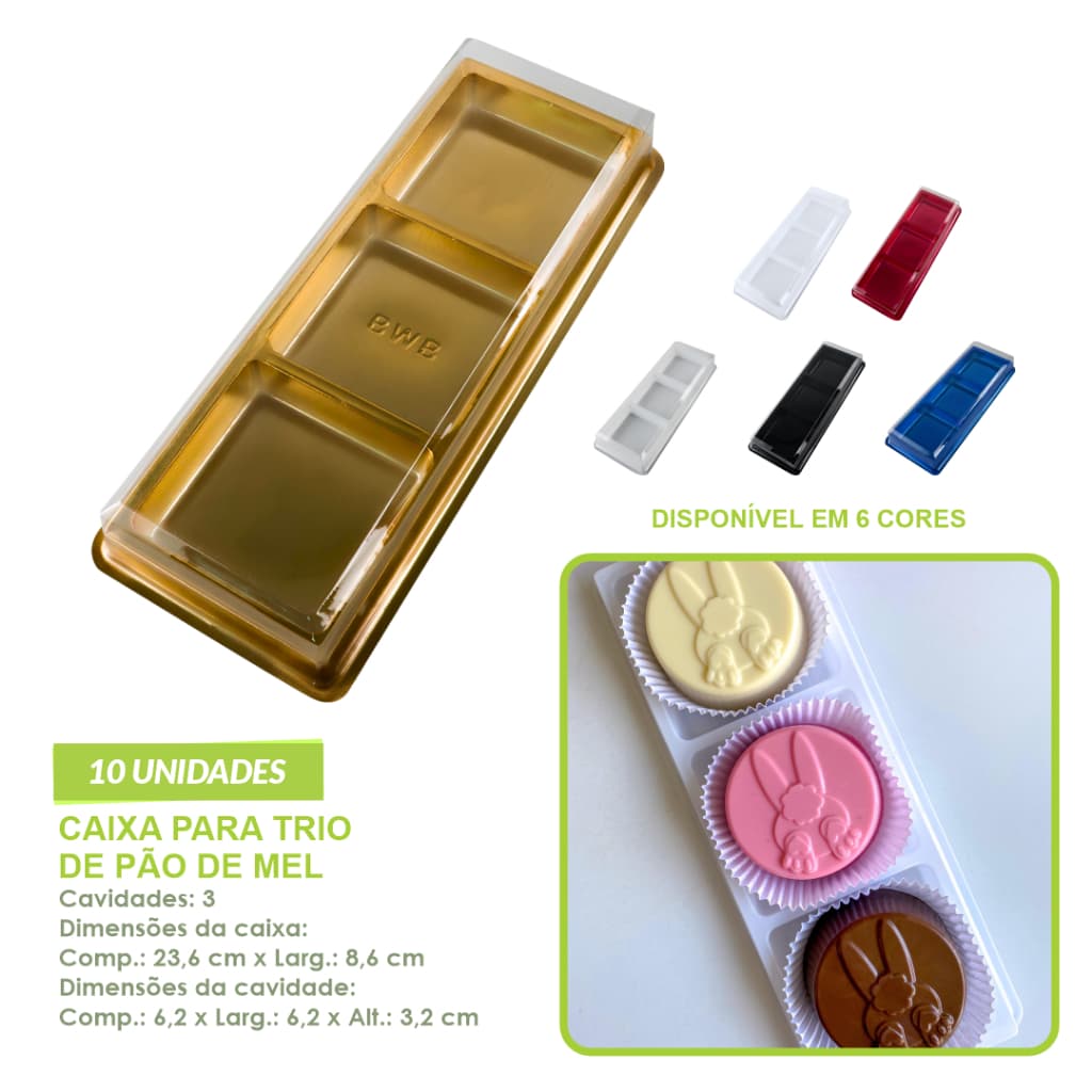 Caixa Para Trio de Pão de Mel BWB - Embalagem Pão de Mel e Brownie 3 Cavidades - 10 unidades