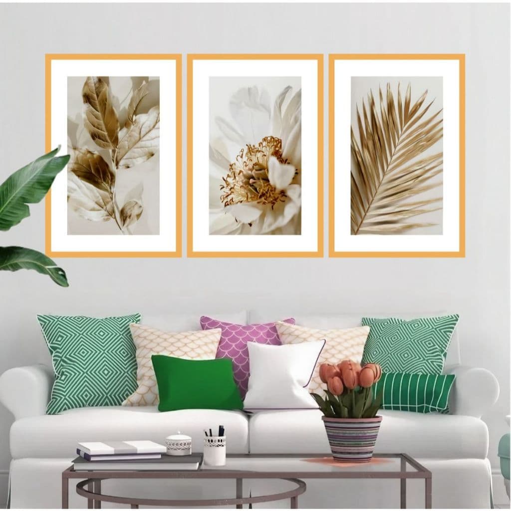 Quadros Decorativos Flor Gold Luxo 3 Peças Mosaico Sala Quarto Escritório